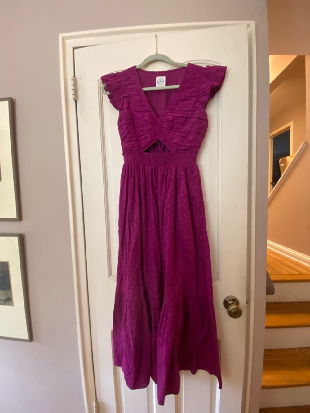 LOFT Fuchsia V-Neck Ruffle Sleeve Maxi Dress